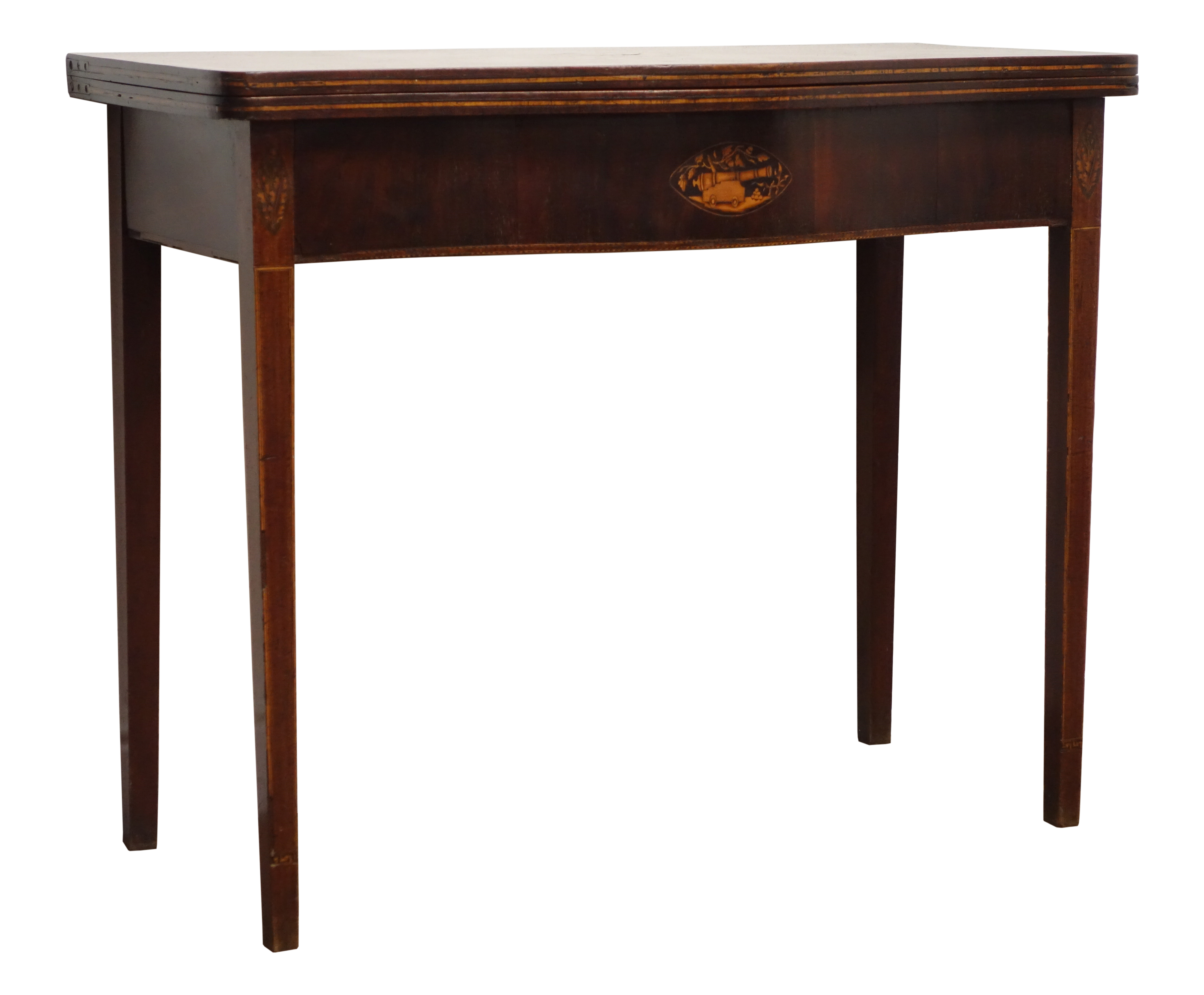 George lll mahogany serpentine front folding tea table, inlaid with specimen wood roundel, - Image 2 of 8