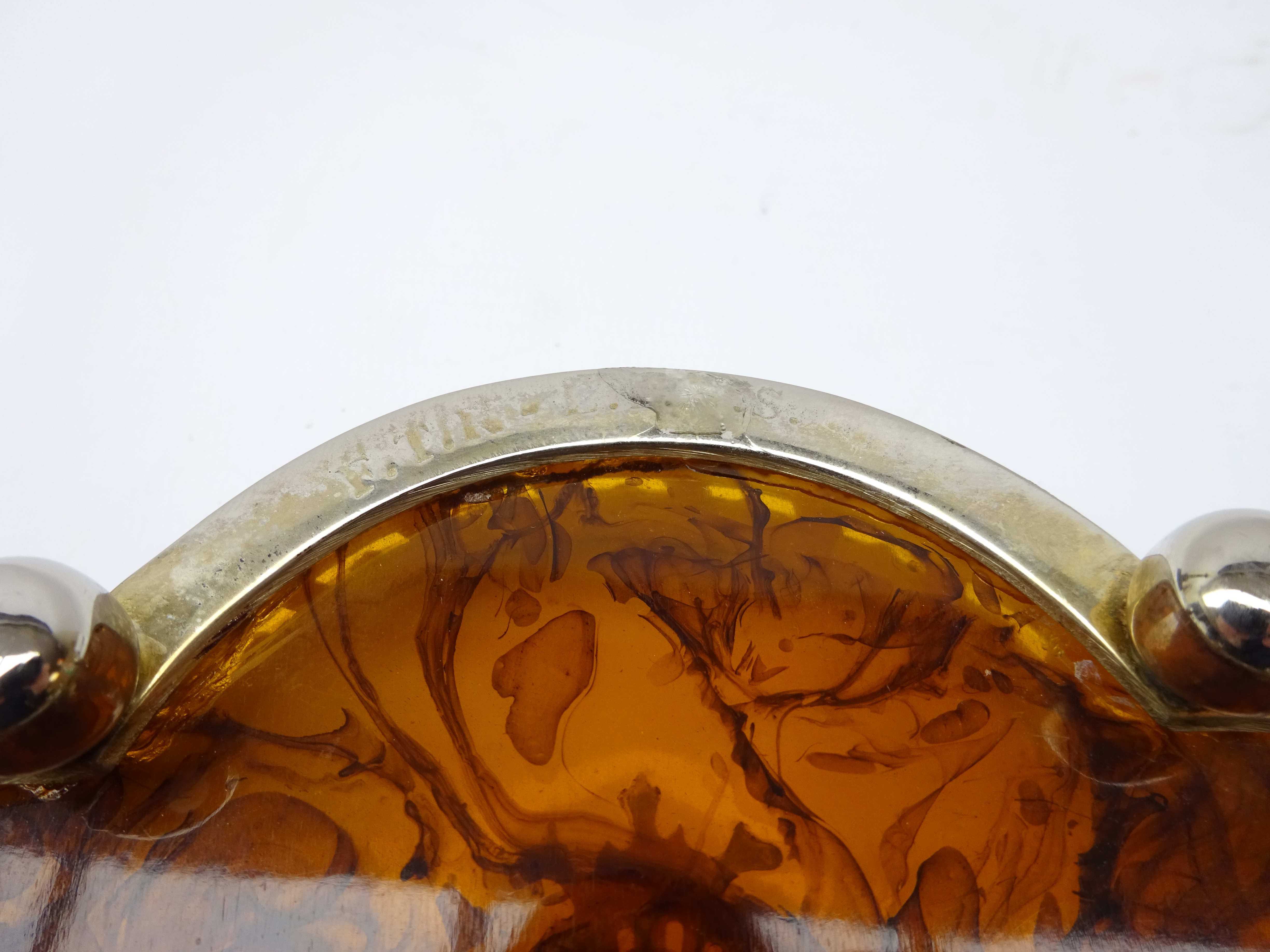 Pair quatrefoil simulated tortoise shell bottle coasters with silver-plate gallery and brass inlay, - Image 5 of 5