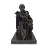 19th century patinated bronze study of William Shakespeare seated reading, square base,