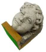 Carved stone corbel carved with a female head, mounted on oak stand, D29cm,