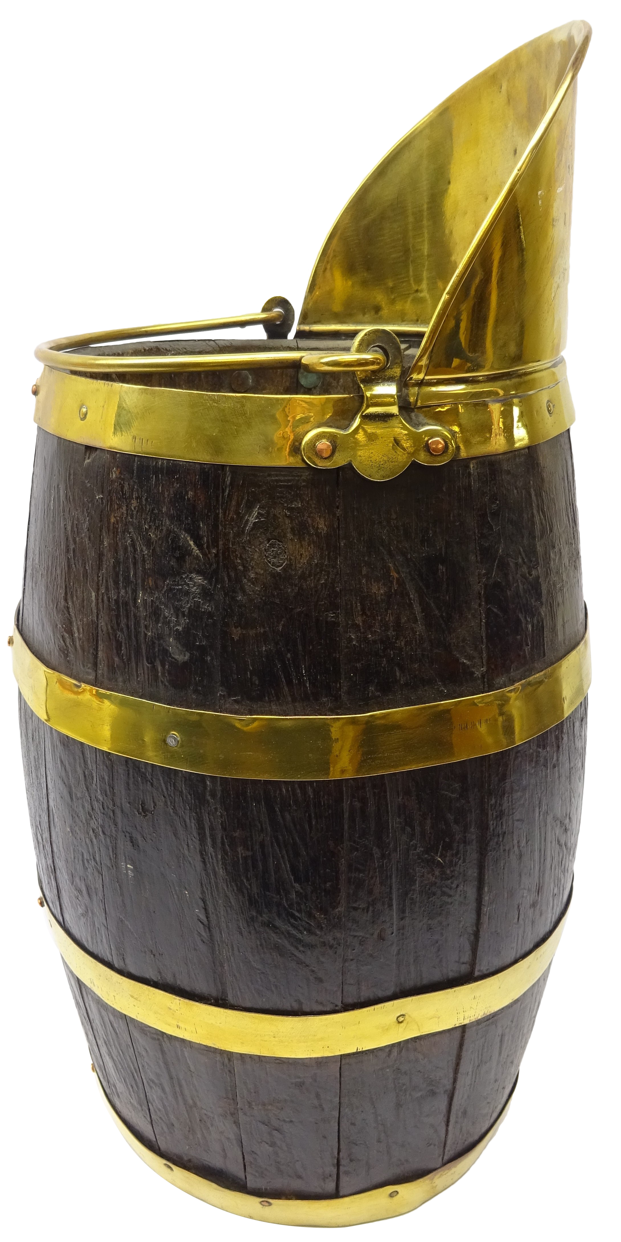 Early 20th century brass coopered oak coal barrel with brass swing handle and spout,