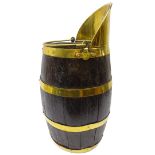Early 20th century brass coopered oak coal barrel with brass swing handle and spout,