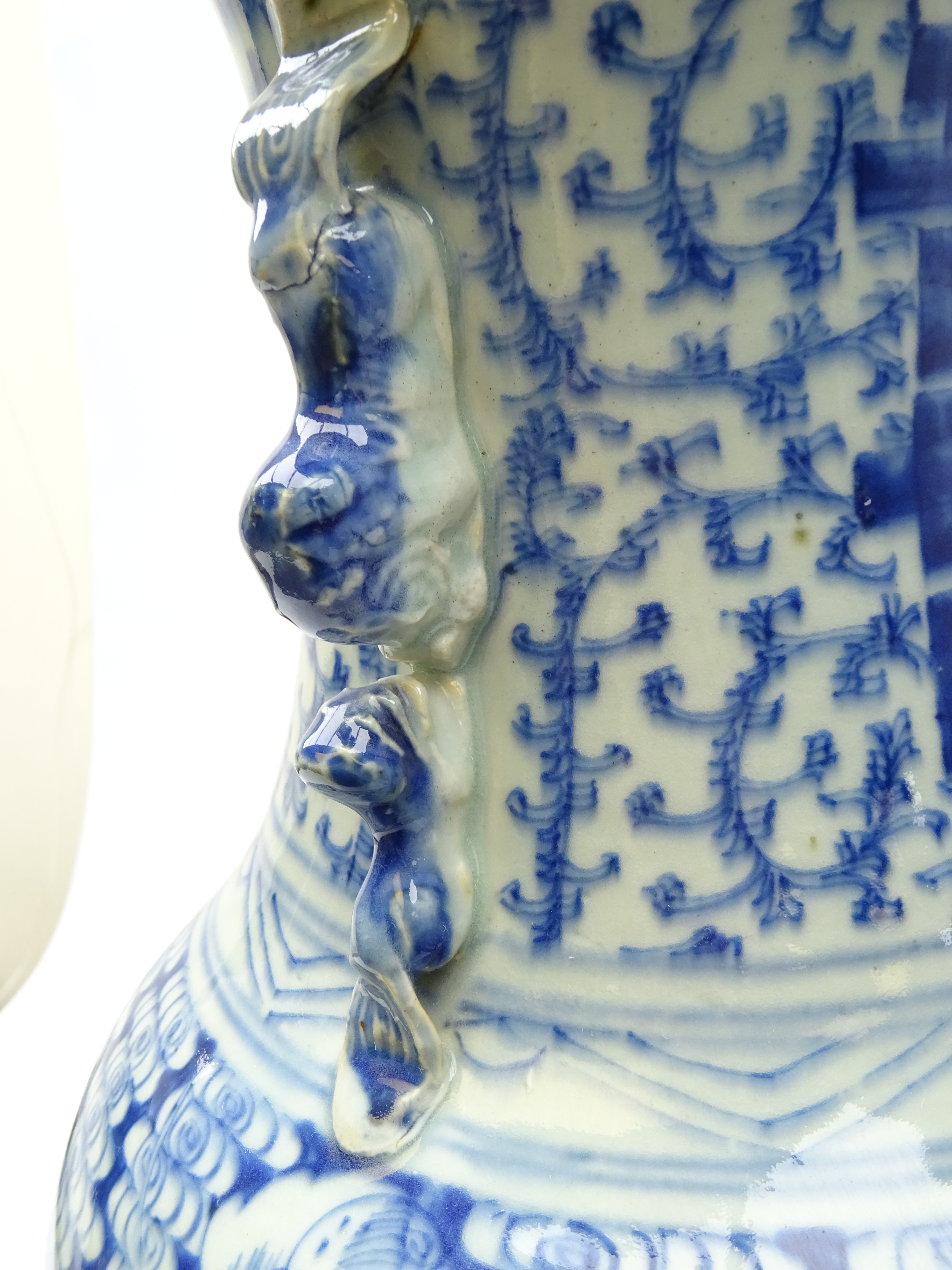 Chinese blue and white two handled floor vase painted with scrolling lotus and Double Happiness - Image 3 of 4