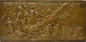Art Nouveau WMF style bronzed rectangular plaque moulded in relief with Diana The Huntress amongst