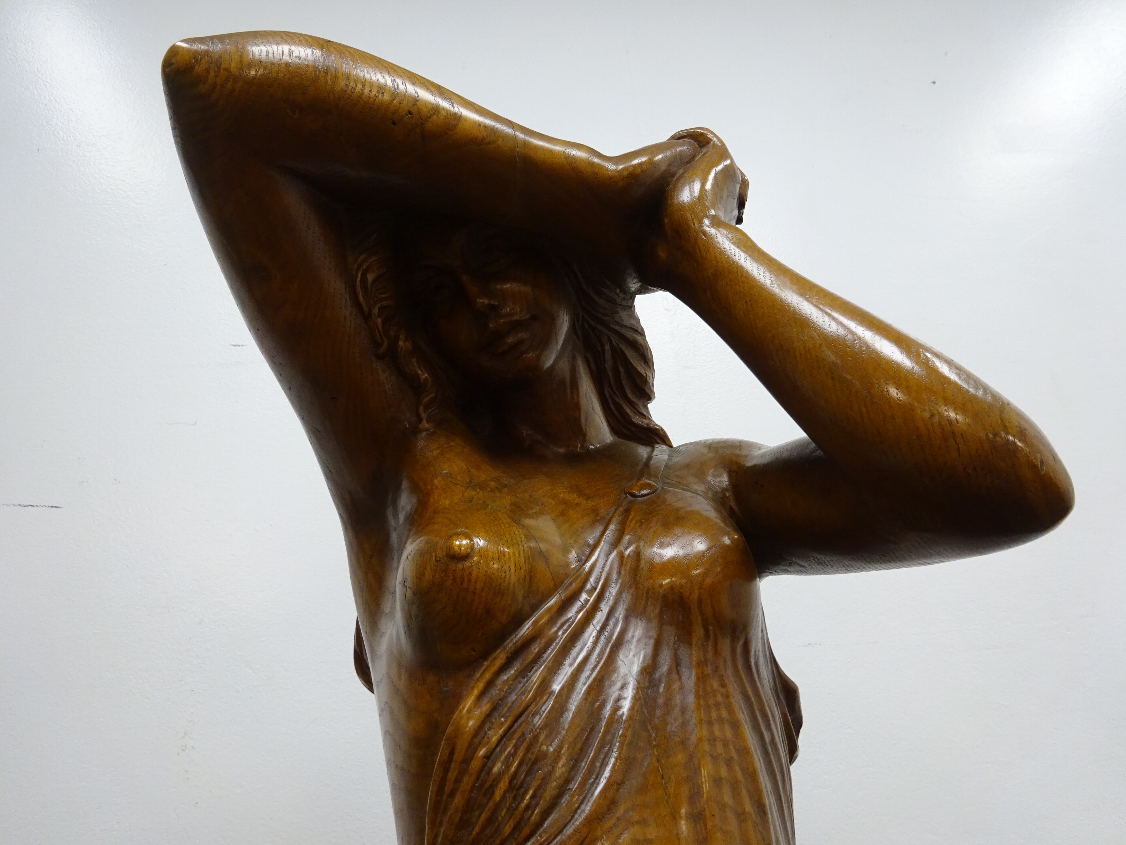 Large carved figured oak model of a diaphanously draped young woman, - Image 3 of 7