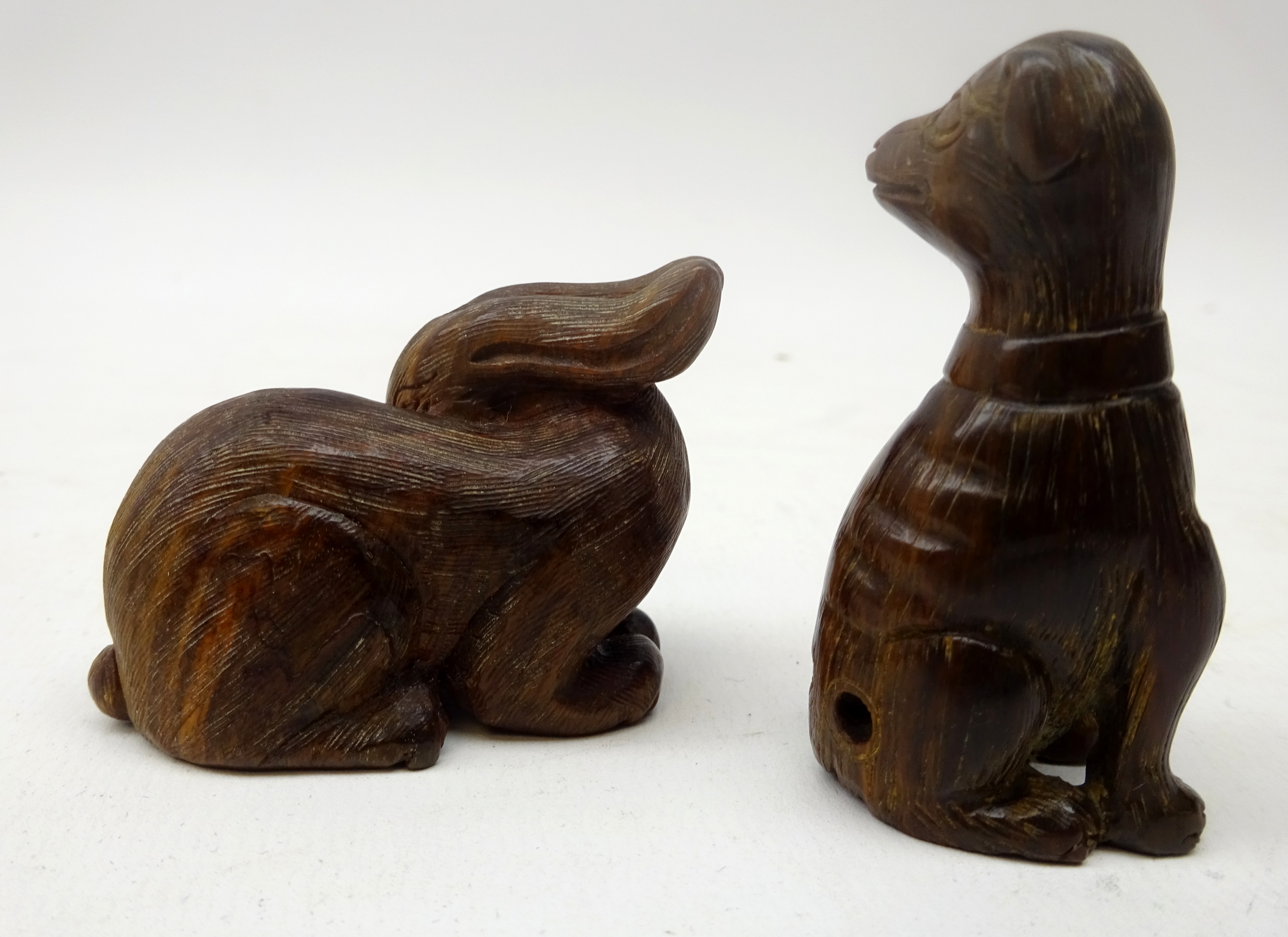 Two Japanese Meiji fruit wood Netsukes carved as a seated Dog with signature and Rabbit H5cm (2) - Image 2 of 3