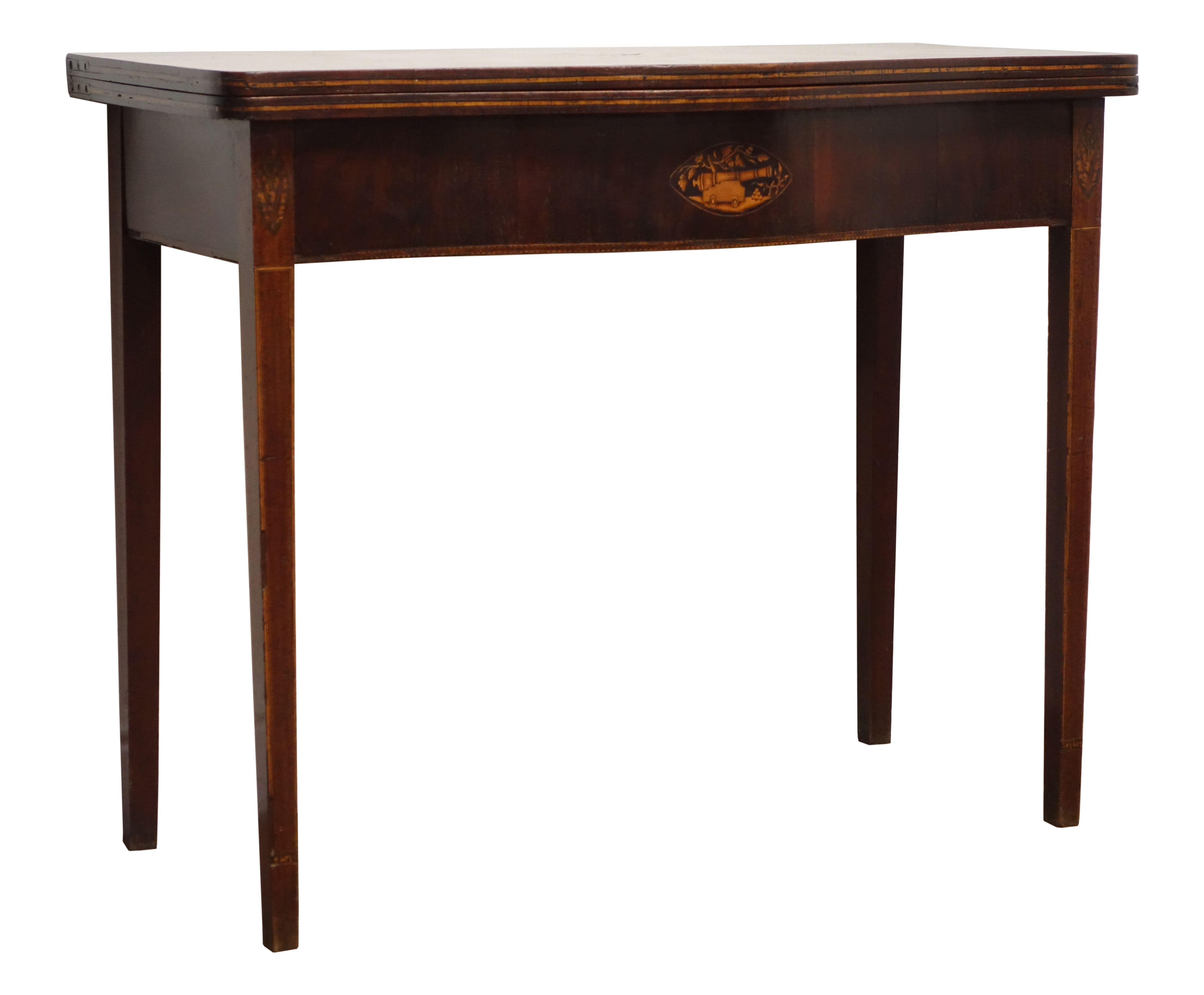 George lll mahogany serpentine front folding tea table, inlaid with specimen wood roundel,