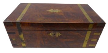 Victorian brass bound figured walnut folding writing box, gilt tooled leather and fitted interior,