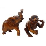 Japanese Meiji boxwood Netsuke carved as a monkey, L5cm and Elephant,