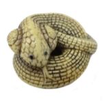 Japanese Meiji ivory Netsuke in the form of a coiled Cobra Snake, L4.