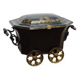 Regency Toleware coal wagon, elongated octagonal body with C scroll cast handles,