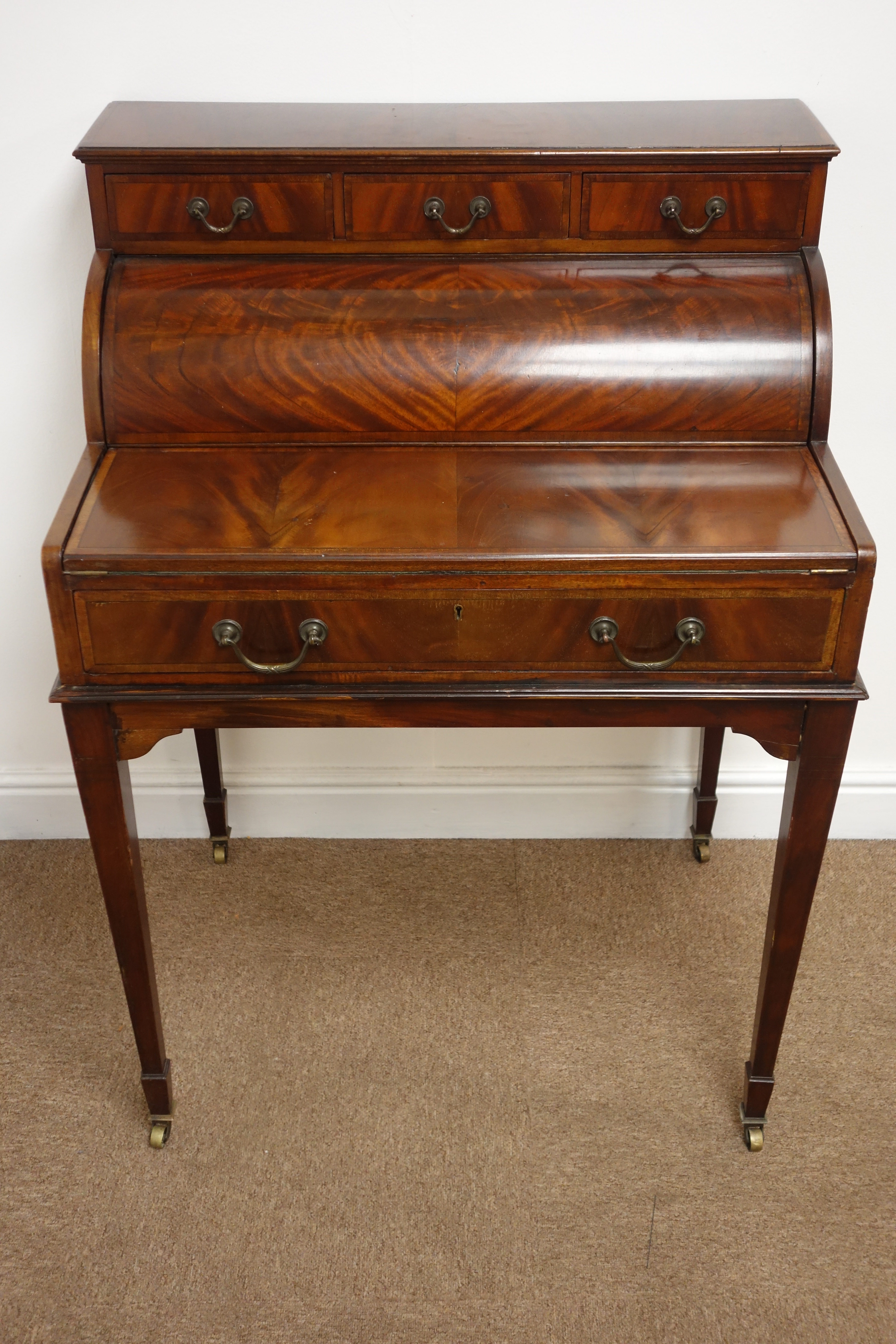 Edwardian mahogany cylinder front writing desk with three drawers, - Image 3 of 8