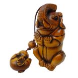 Japanese Meiji boxwood Inro carved as an Elephant with Calf Netsuke inset with glass eyes & ojime,