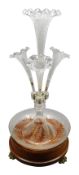 Clear glass epergne, four trumpet vases with frill rim and frosted fern decoration,