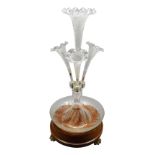 Clear glass epergne, four trumpet vases with frill rim and frosted fern decoration,