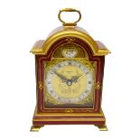 Small 18th century style red chinoiserie parcel gilt arched top bracket clock,