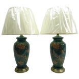 Pair Oriental style table lamps decorated with birds amongst foliage on turquoise ground,