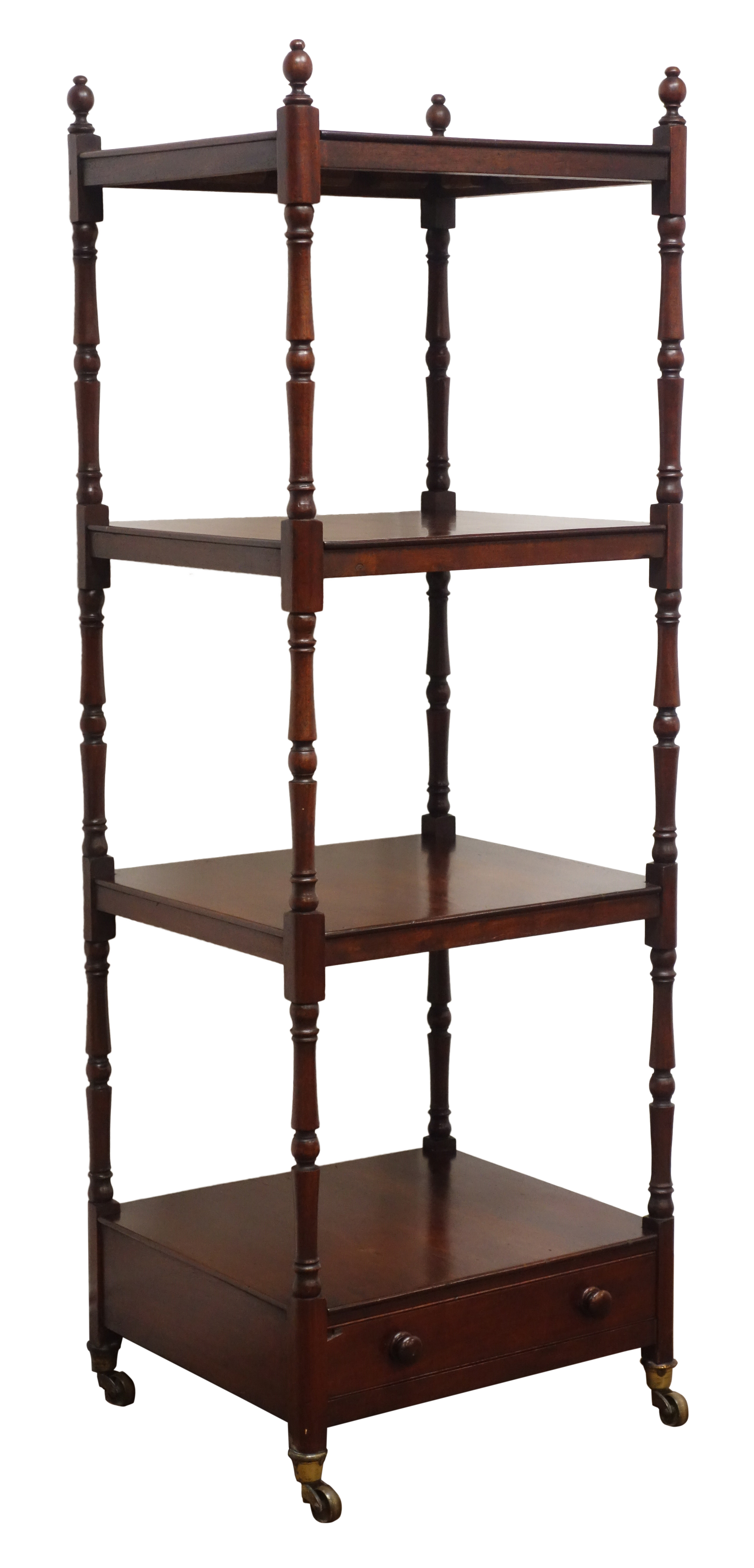 Early 19th century mahogany what-not, four tiers on turned supports with finials, - Image 2 of 4