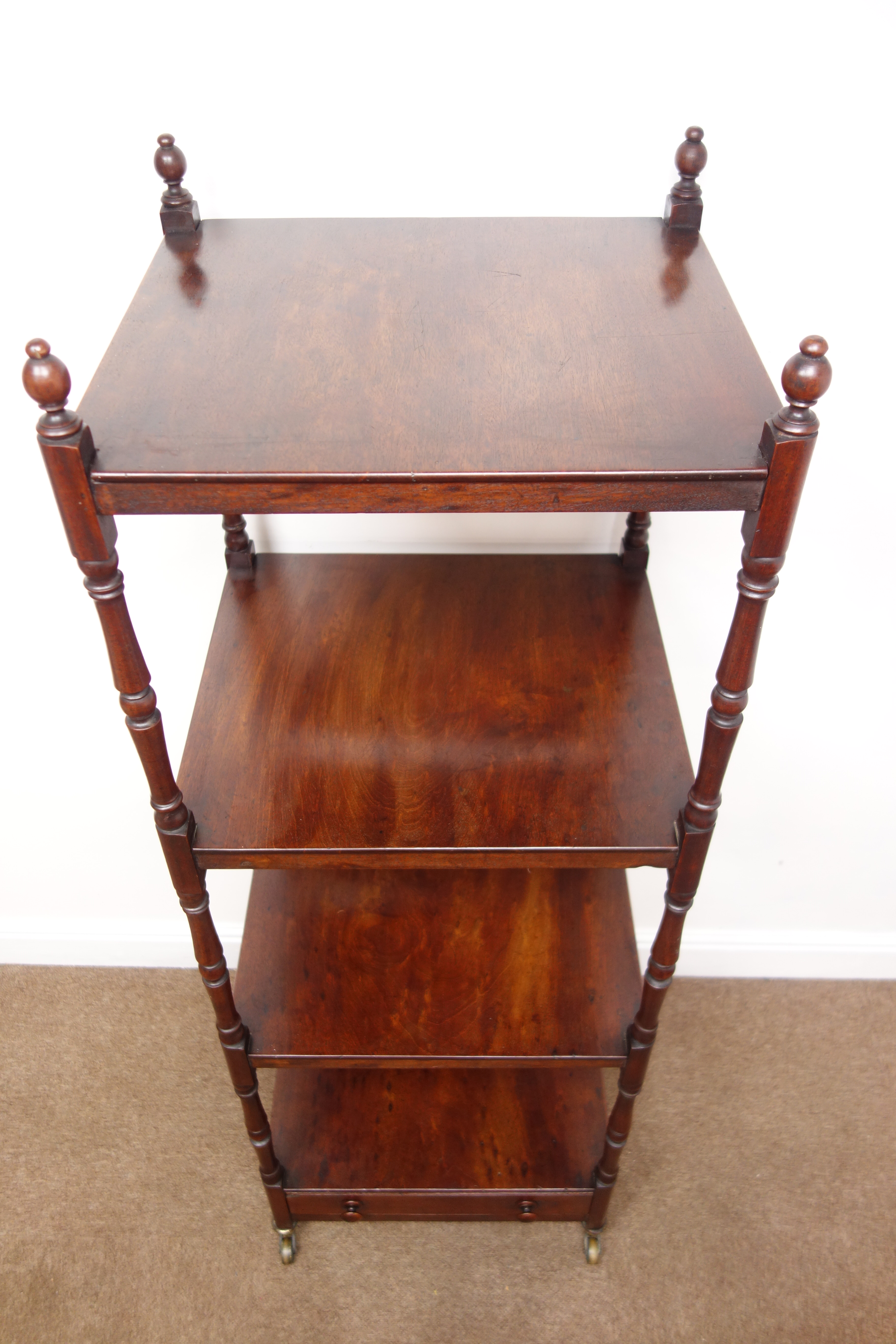 Early 19th century mahogany what-not, four tiers on turned supports with finials, - Image 4 of 4