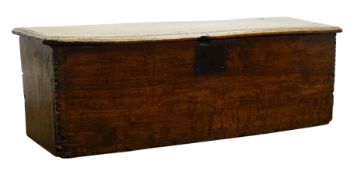18th century elm planked coffer with moulded hinged lid, and carved sides, W113cm, H40cm,
