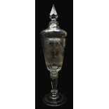 19th century Bohemian clear glass goblet and cover the body etched with a couple in woodland