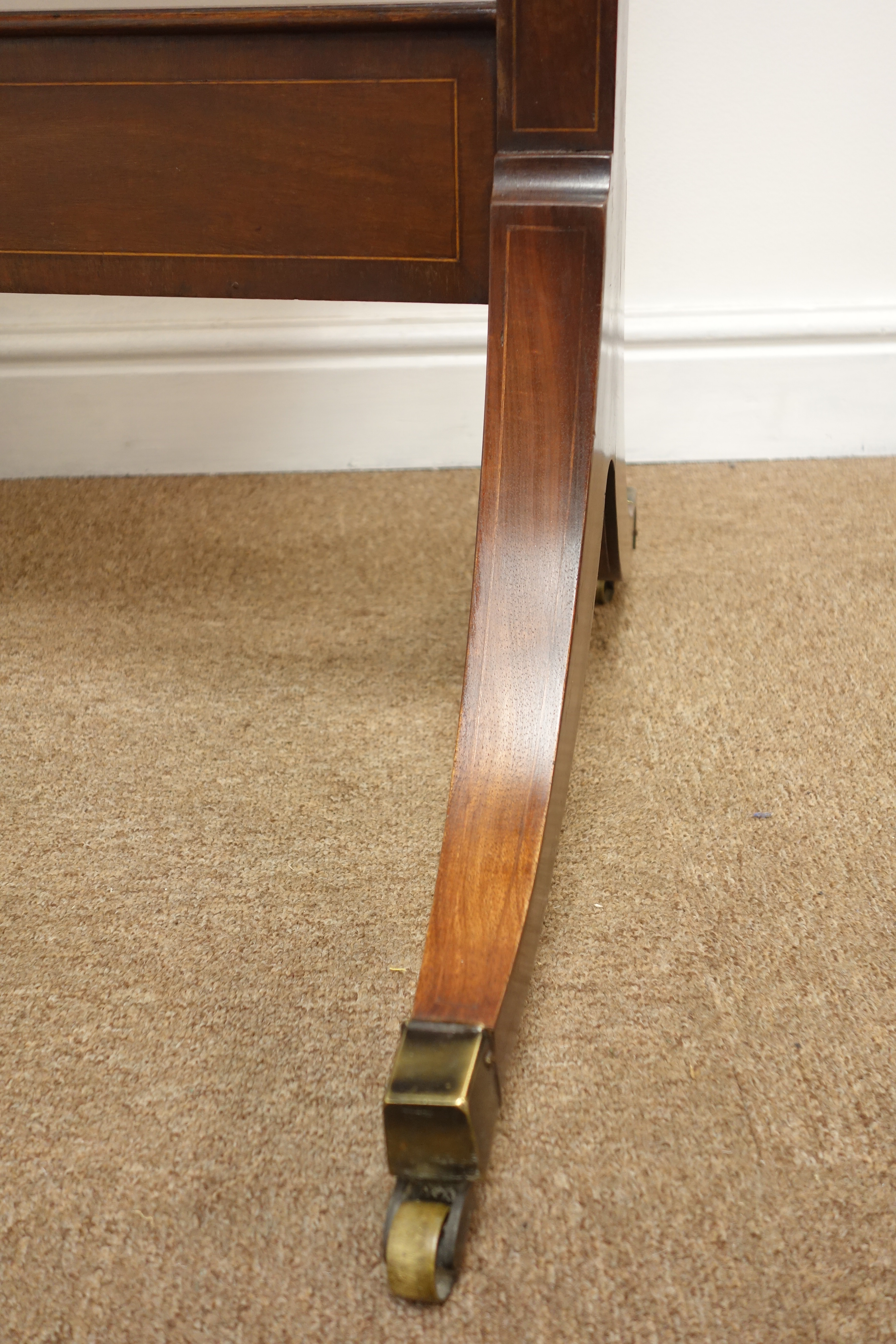 Edwardian inlaid mahogany Cheval mirror, with oval plate on ring turned supports, - Image 6 of 6