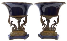 Pair large Empire style bronze and cobalt blue glazed centre-pieces with trumpet shaped bowl,