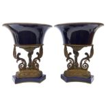 Pair large Empire style bronze and cobalt blue glazed centre-pieces with trumpet shaped bowl,