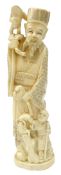 Japanese Meiji period carved ivory Okimono of man and son catching frogs,