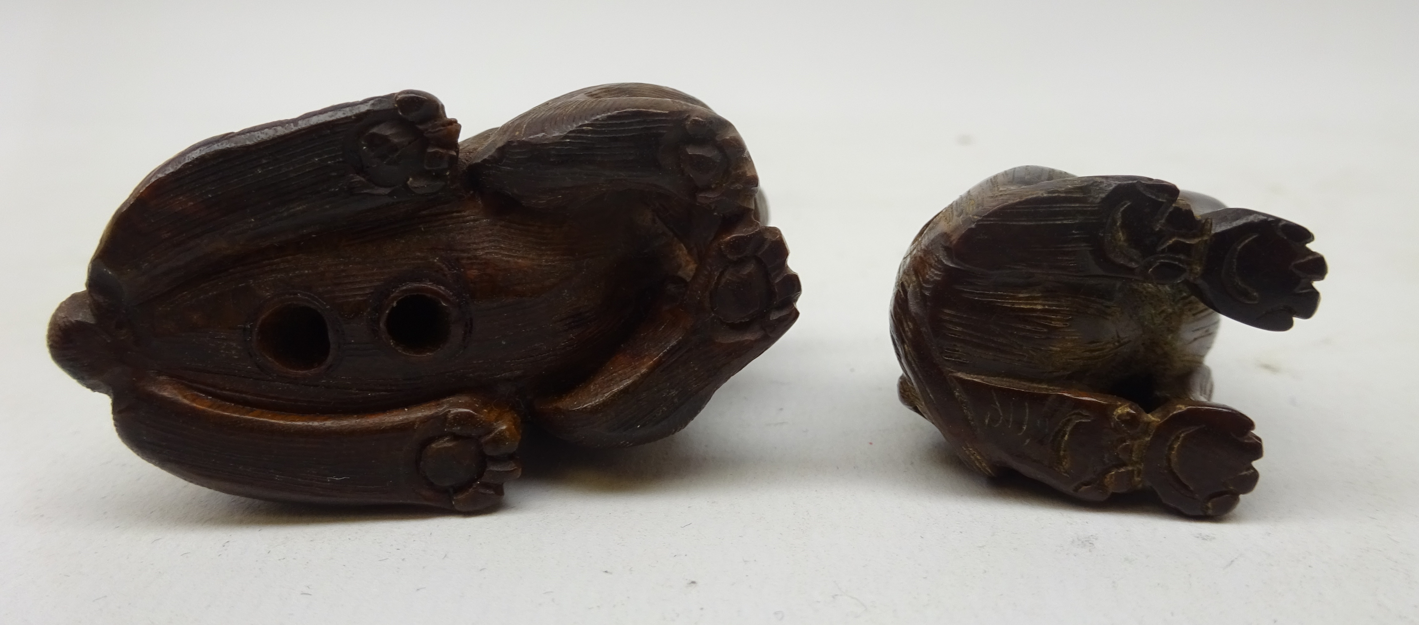 Two Japanese Meiji fruit wood Netsukes carved as a seated Dog with signature and Rabbit H5cm (2) - Image 3 of 3