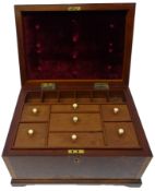 Victorian burr walnut and mahogany inlaid sewing box with camphor wood sectioned lift out tray and