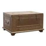 Middle Eastern brass covered hardwood box with hinged half lid,