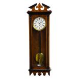 19th century Vienna walnut and ebony banded wall clock, with angular pediment,