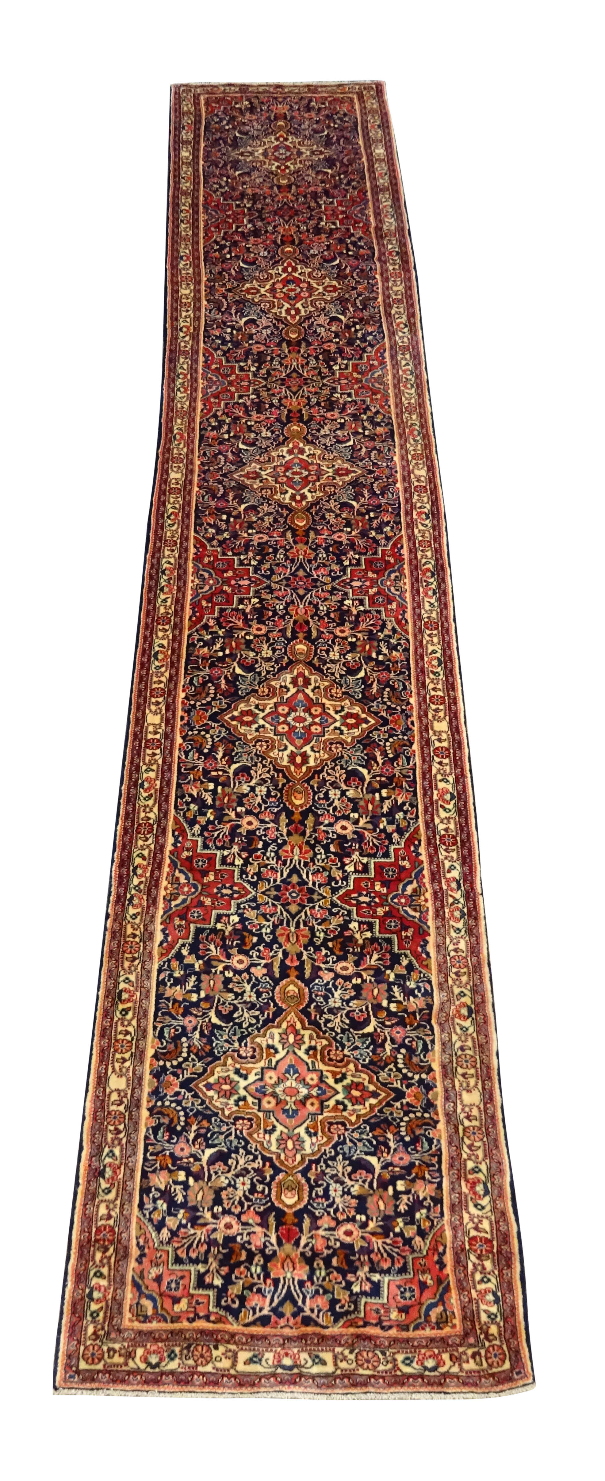 Persian Hamadan runner rug, blue ground field with five medallions, - Image 2 of 6