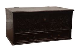 Early 19th century oak bible/keep box, hinged top above carved frieze fitted with single drawer,