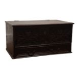 Early 19th century oak bible/keep box, hinged top above carved frieze fitted with single drawer,