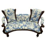 William IV double ended mahogany framed curved settee, upholstered in Sanderson Pagoda River fabric,
