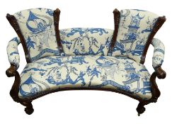 William IV double ended mahogany framed curved settee, upholstered in Sanderson Pagoda River fabric,