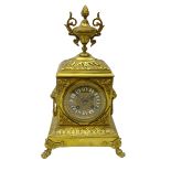 Late 19th century French gilt metal mantel clock, case with cast urn, foliage and lion mask handles,