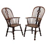 Matched pair early 19th century ash and elm high back Windsor armchairs,