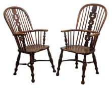 Matched pair early 19th century ash and elm high back Windsor armchairs,