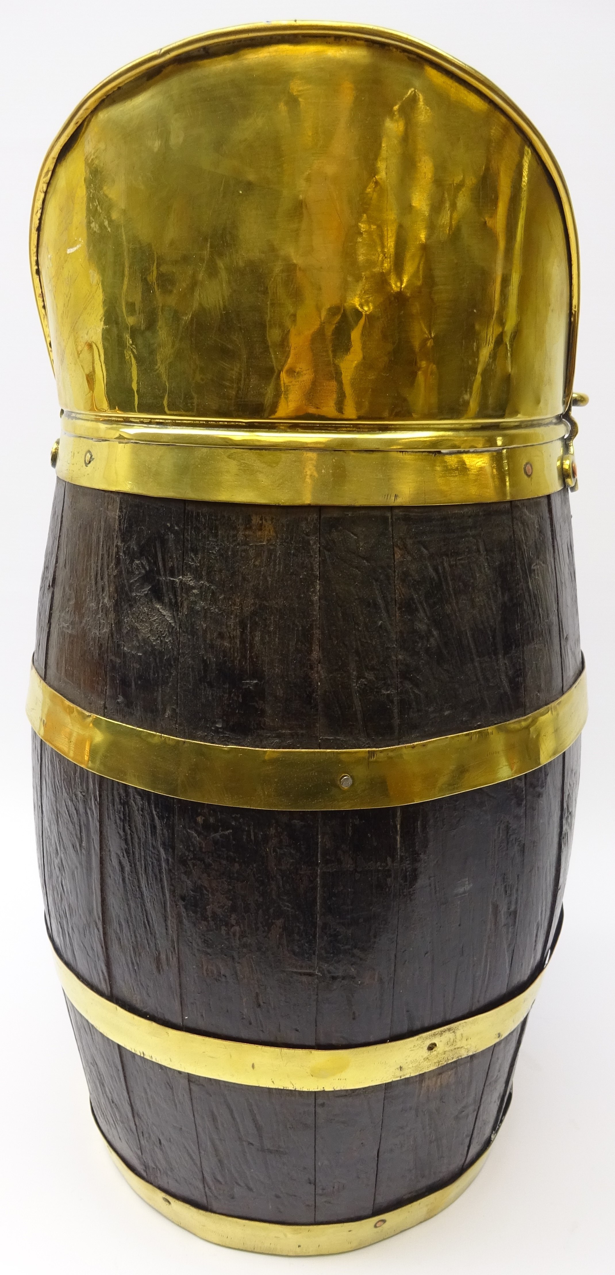 Early 20th century brass coopered oak coal barrel with brass swing handle and spout, - Image 3 of 3
