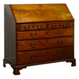 Early 19th century mahogany bureau, fall front enclosing inlaid interior fitted with drawers,
