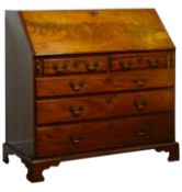 Early 19th century mahogany bureau, fall front enclosing inlaid interior fitted with drawers,