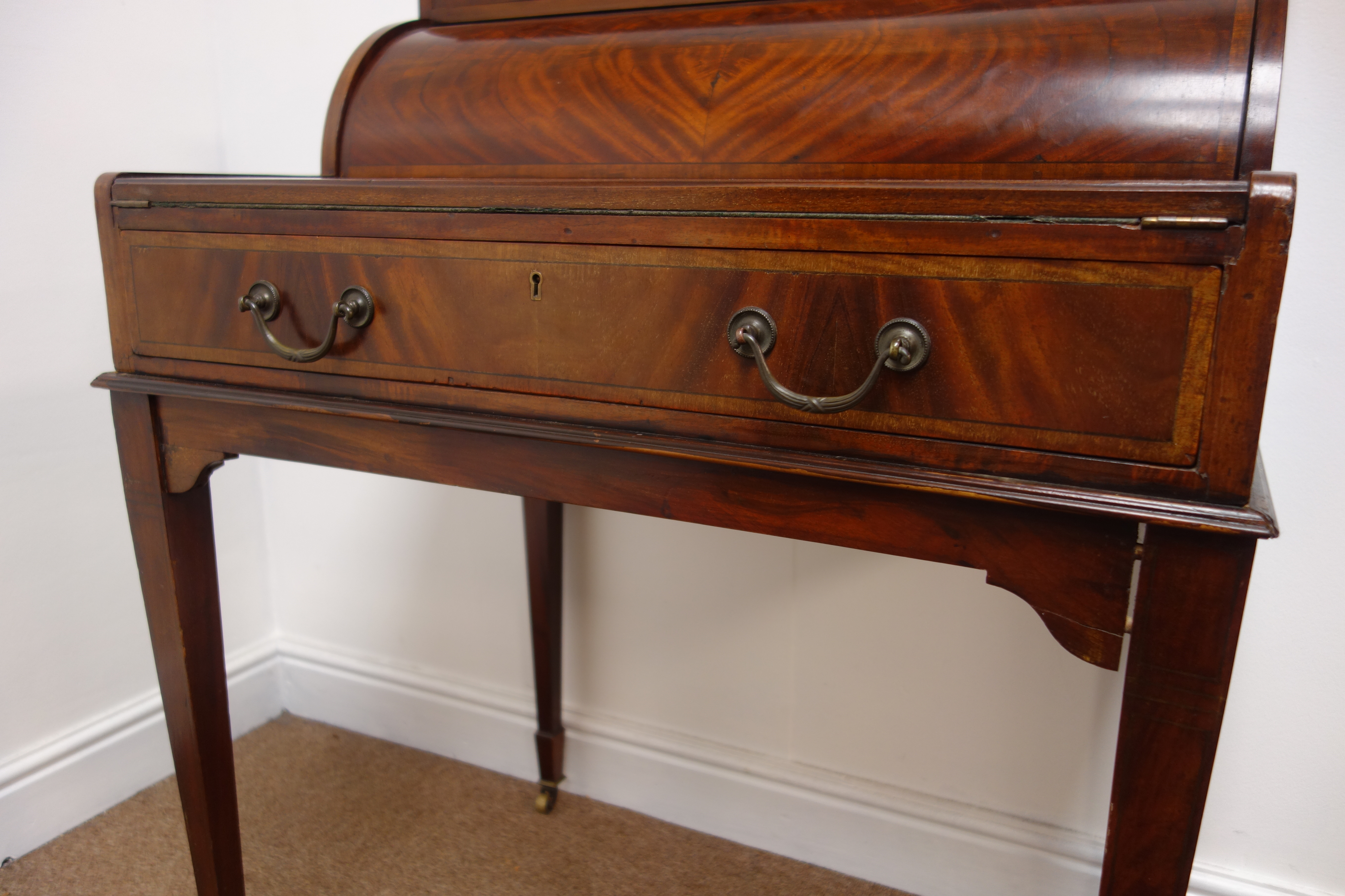 Edwardian mahogany cylinder front writing desk with three drawers, - Image 7 of 8