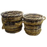 Pair graduating wicker log baskets with striped woven design and rope work handles,