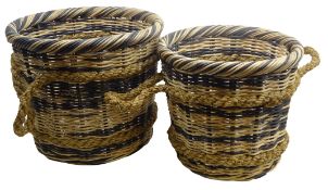 Pair graduating wicker log baskets with striped woven design and rope work handles,