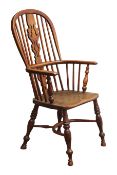 Early 19th century ash and elm high back Windsor armchair, shaped pierced splat and stick back,