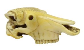 Japanese Meiji ivory carved Cattle Skull Netsuke,