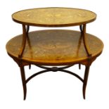 Edwardian satin wood banded Sheraton style oval Etagere,